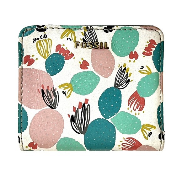 Fossil Leather Printed Mini Card‎ Holder Wallet Snap Closure with Zip Back - Picture 1 of 5